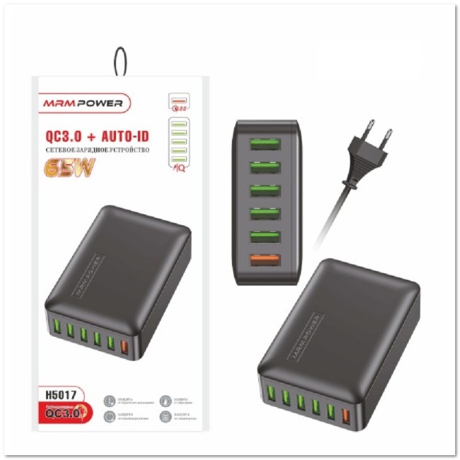 Сетевой USB ХАБ H5017 с 6 USB-портами + Q3.0 + 2.4A 65W