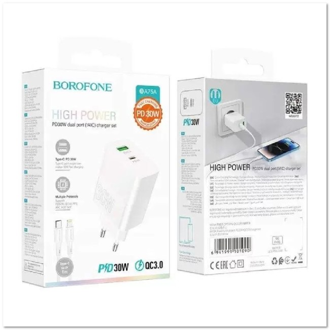СЗУ BOROFONE BA75A с USB+ TYPE-C портом + кабель Lightning PD30W