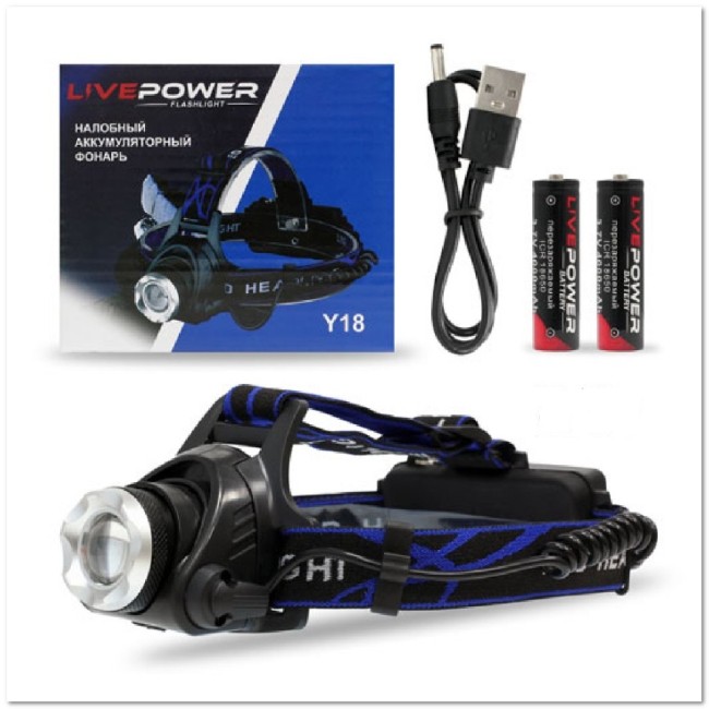 Фонарь налобный Y18 (LED, 2*18650, ZOOM, Т6, 4 режима) АКБ В КОМПЛЕКТ НЕ ВХОДИТ