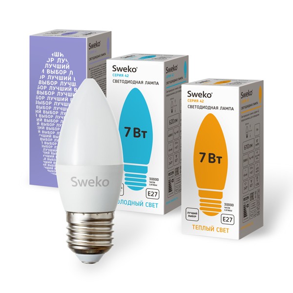 Лампочка светодиодная SWEKO C35 E27 7W 6500K 220V (свеча)