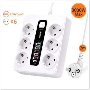Сетевой фильтр 2m 6 разъемов 3000W-10A 250V + 5 USB + 1 TYPE C port BLK-11EU