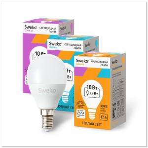 Лампочка светодиодная SWEKO G45 E14 10Вт 3000K теплый свет (шар)
