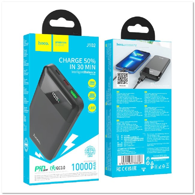 POWER-BANK HOCO J102 10000mAh PD20W+CQ3.0 1USB Micro USB 18W, TYPE-C 20W, LED-дисплей