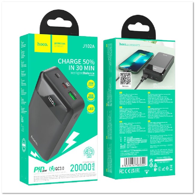 POWER-BANK HOCO J102А 20000mAh PD20W+CQ3.0 1USB Micro USB 18W, TYPE-C 20W, LED-дисплей