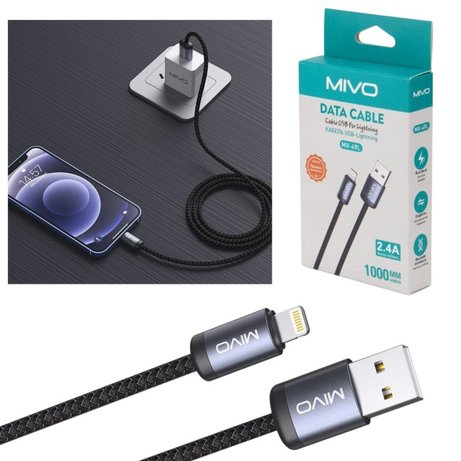 Кабель LIGHTNING MIVO MX-49 (L=1M) 2.4A нейлоновая оплетка