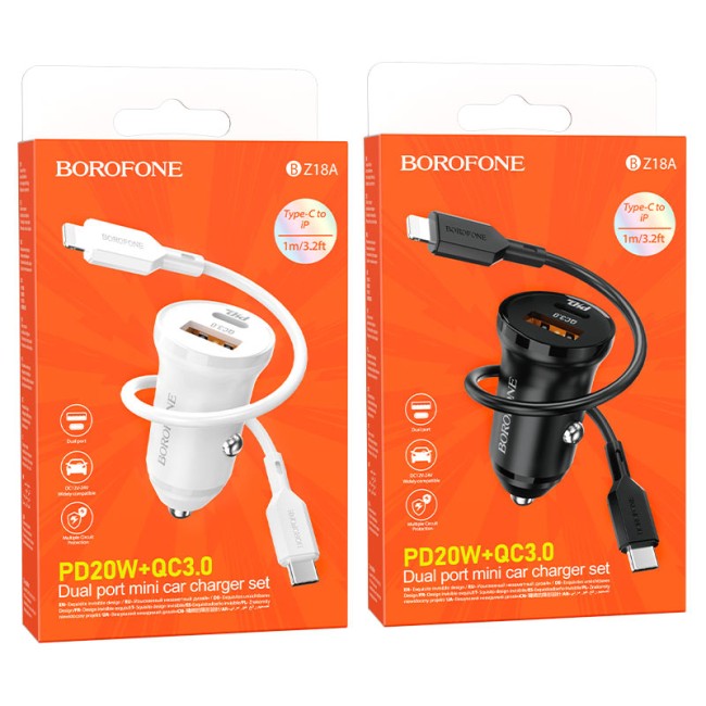 АЗУ BOROFONE BZ18A с USB+TYPE-C-портами + кабель TYPE-C - Lightning QC3.0 PD20W