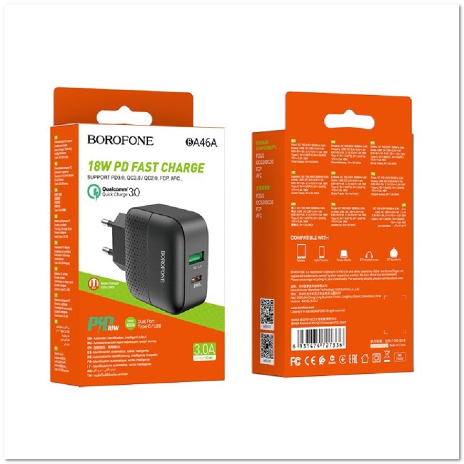 СЗУ BOROFONE BA46A c USB+TYPE-С портами Q3.0 18W